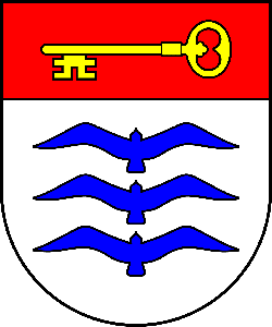 Molėtų r. savivaldybės logotipas - raudonoje juostoje auksinis raktas, žemiau baltame fone trys mėlynos žuvėdros