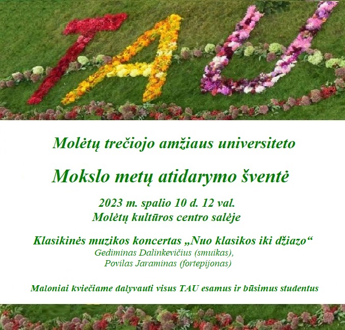Kvietimas į Molėtų TAU Mokslo metų atidarymo šventę spalio 10 d. 12 val. Molėtų kultūros centro salėje